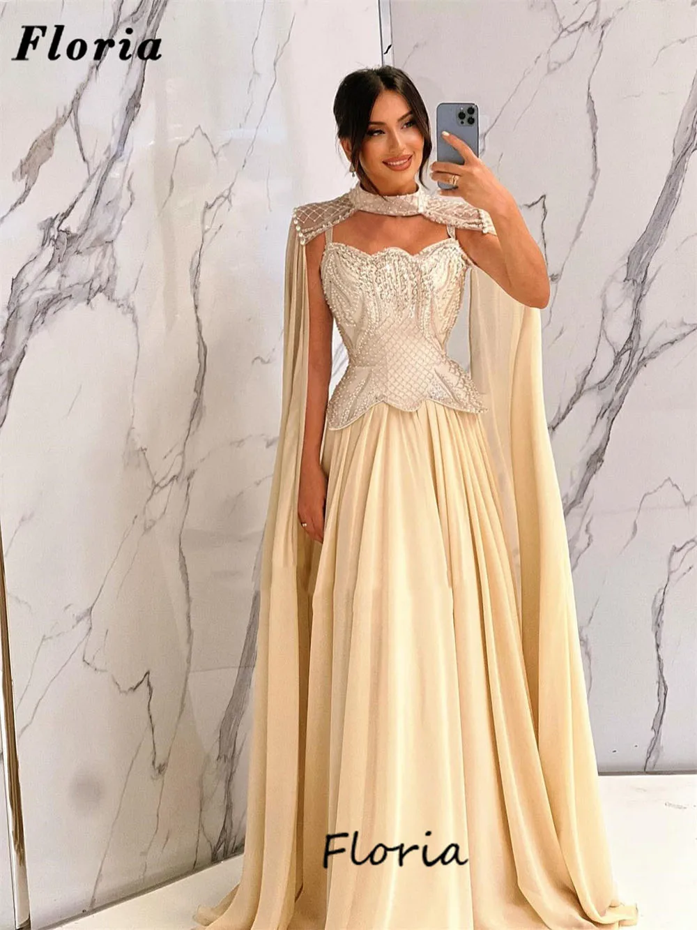 

Arabic Dubai Beaded Prom Dresses Champagne Cape Long Sleeves Evening Dress Wedding Party Gowns Vestidos De Fiesta Customized