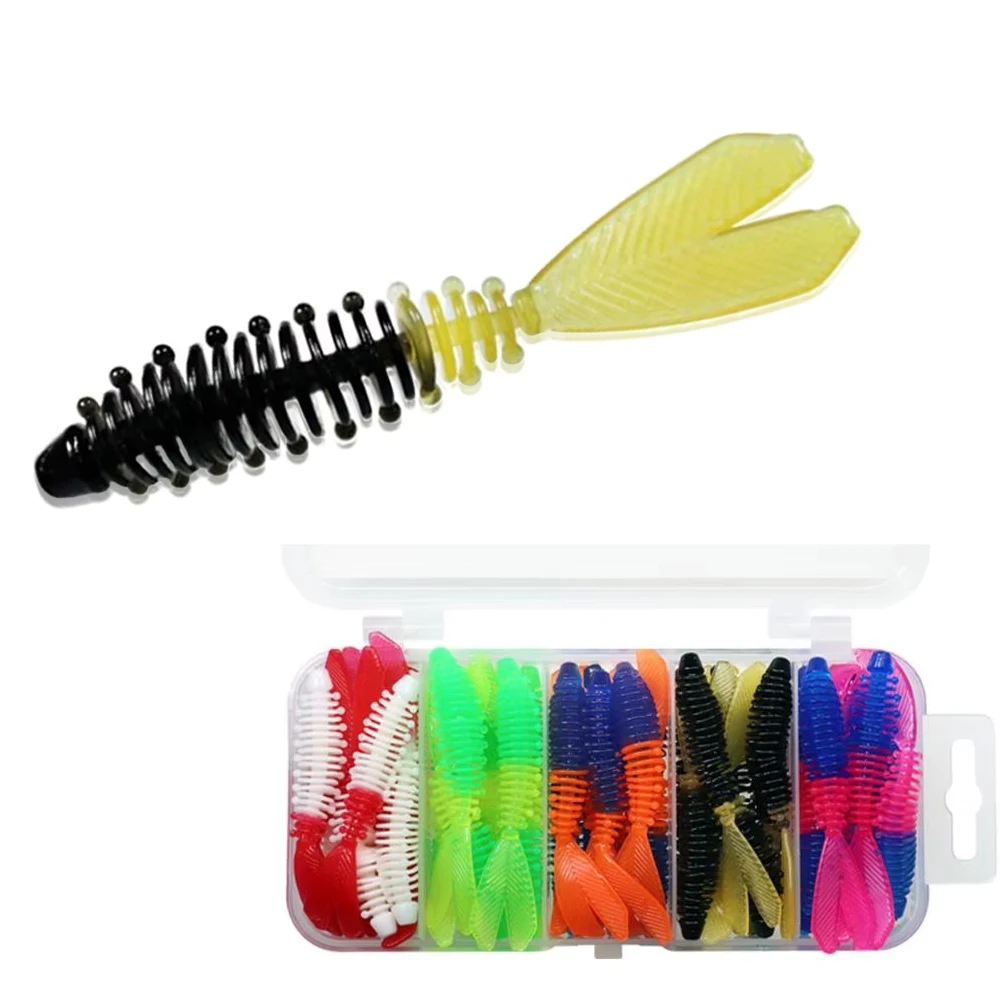 40pcs Silicone Soft Worm Baits Kit 60mm 1.3g Wobblers Rubber Fishing Lures Freshwater Saltwater Shrimp Smell Artificial Bait