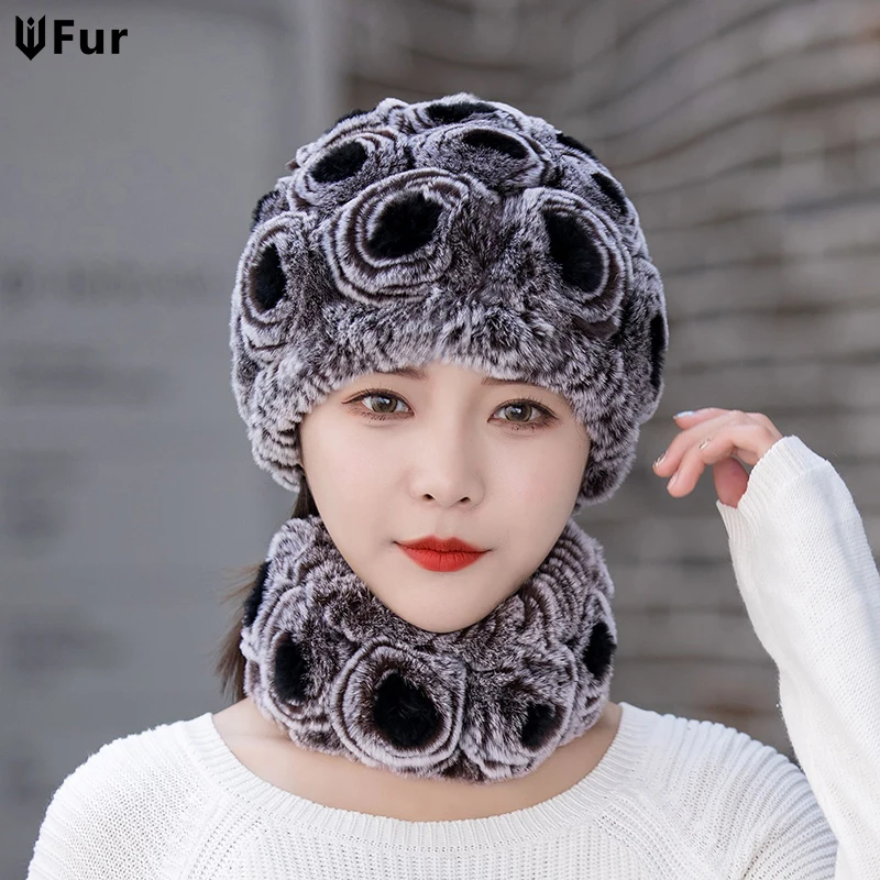 

Winter Knitted 100% Natural Fur Hats Scarves Sets Women Warm Real Rex Rabbit Fur Hat Scarf Lady Fashiom Thick Rex Rabbit Fur Hat