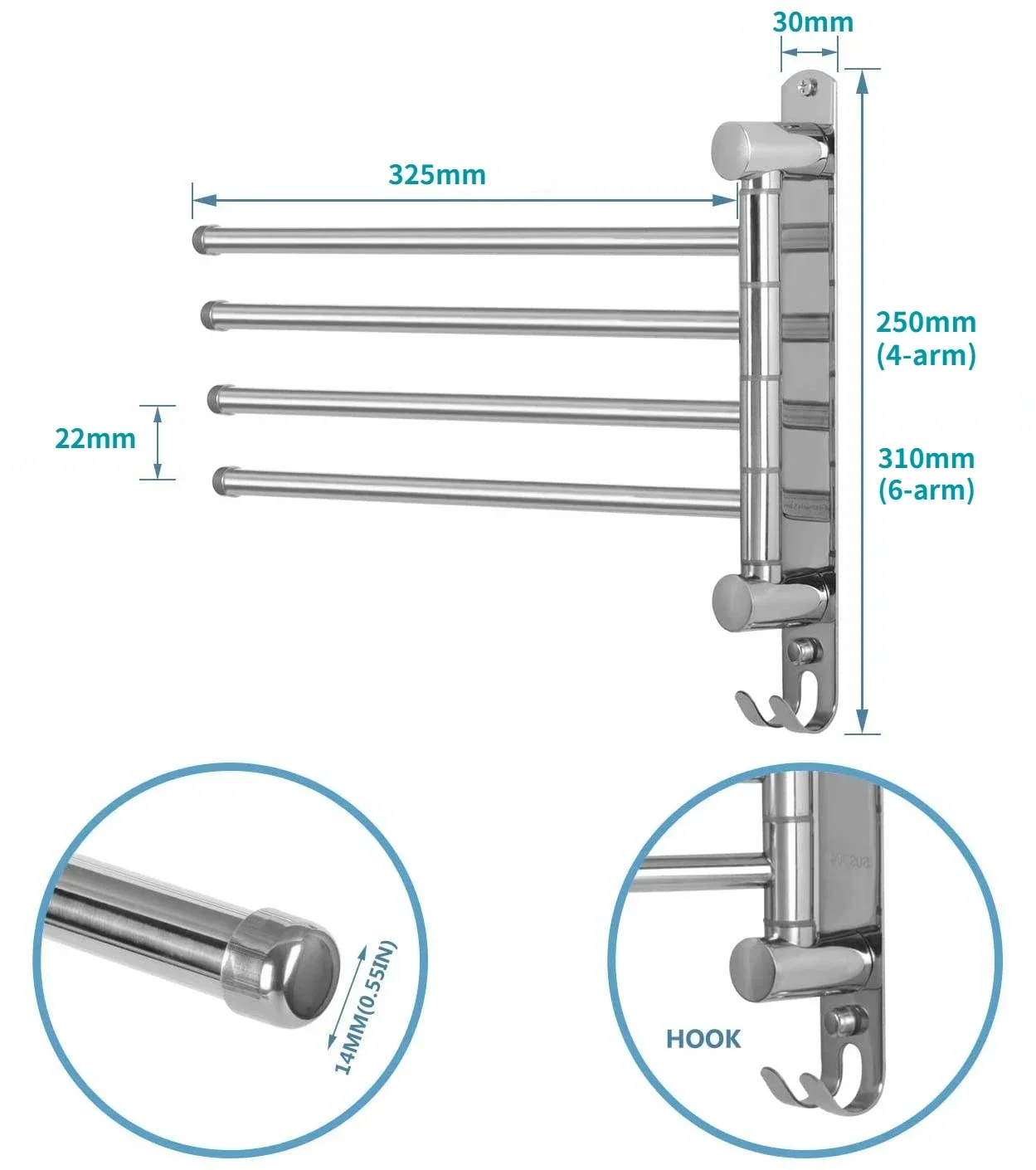 Stainless Steel Swivel Towel Holder 180 Degree 4/6 Arms Rotation Rack Wall Mounted Towel racks holder for Bathroom Accessories