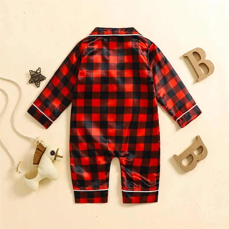 Baby Christmas Pajama Bodysuits Plaid Print Button-down Long Sleeve Lapel Neck Fall Romper