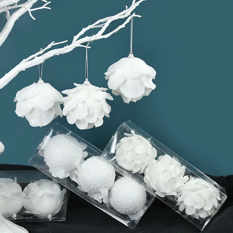 3Pcs White Christmas Balls Ornaments Flower Shape Xmas Ball Christmas Tree Hanging Decoration New Year Home Decor Navidad 2025