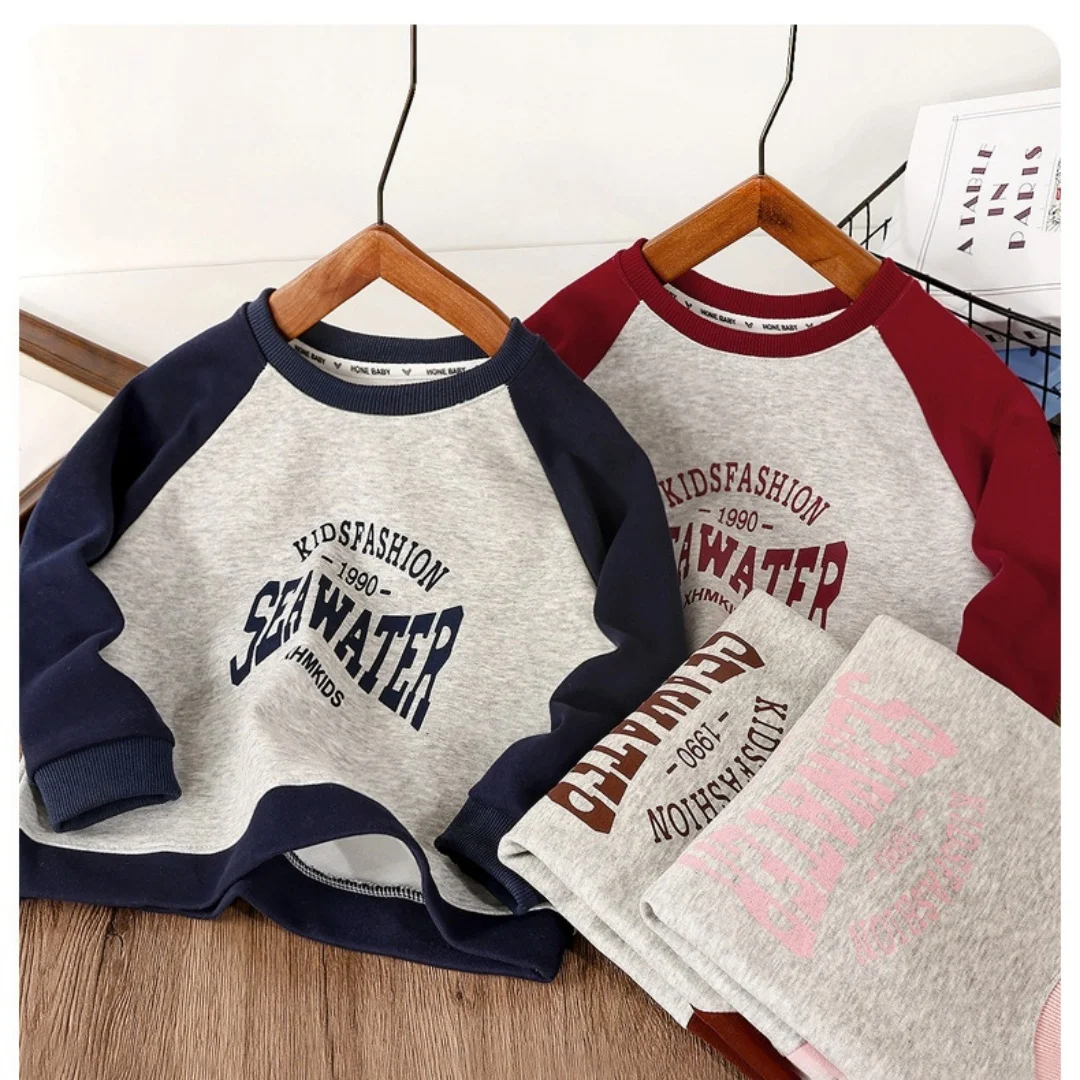 2026 Autumn Color Blocking Cotton Boys Sweatshirt Letter Print Loose Kids Top for Girls Soft Breathable Children Clothes