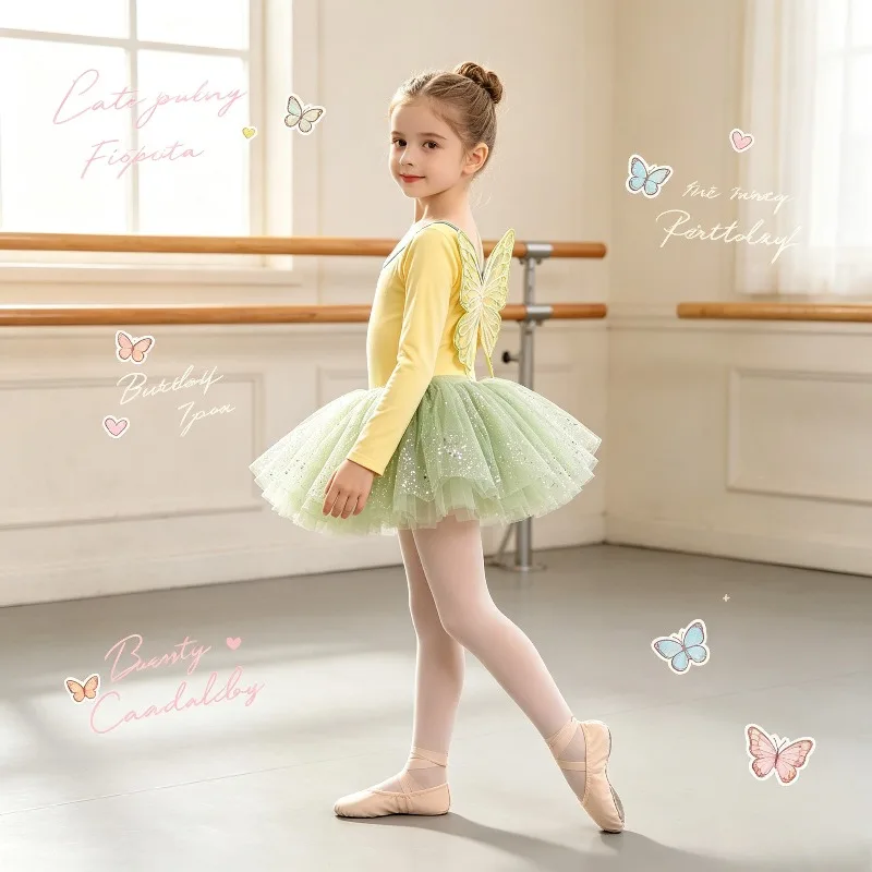 Long Sleeve Back Butterfly Sequin Tulle Tutu Ballet Leotard Gymnastics Outfit Daily Training Stage Performance Casual Dance Wear
