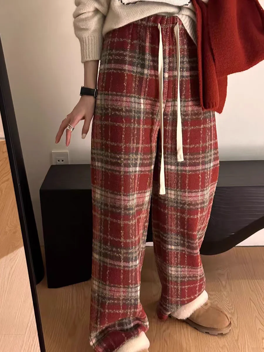Karierte Damenhose im neuen Stil, Retro-Wolle, weites Bein, lässig, kurz, hängend, gerades Bein, modische Retro-Kleidung