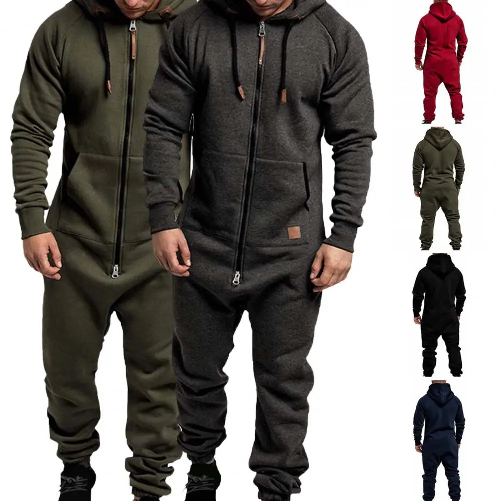 Mens Onesie Jumpsuit Pajamas Long Sleeve Sweatpants Pure Color Splicing Autumn Winter Casual Hoodie Male Zipper Jumpsuit