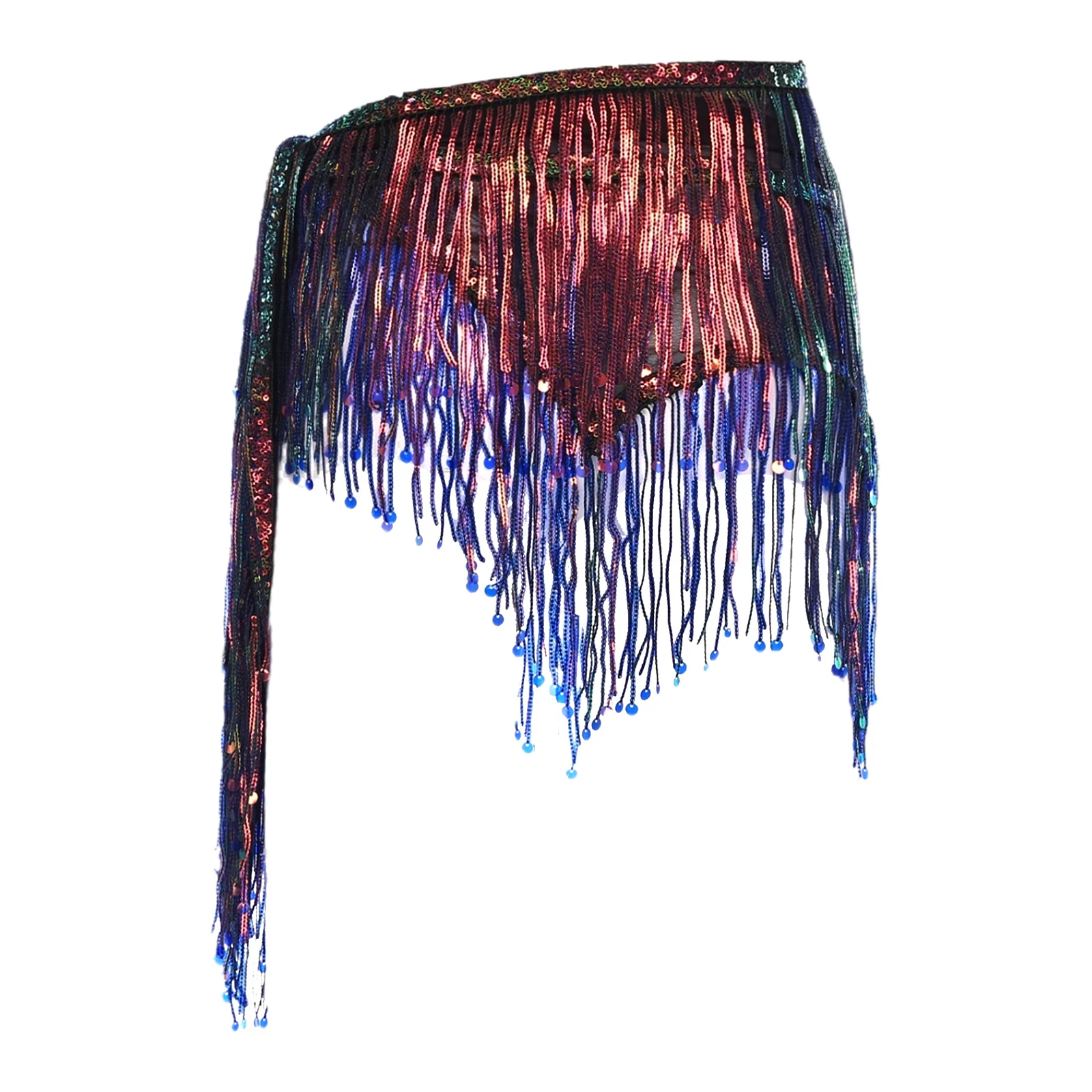 Womens Volksdans Latin Dans Kostuums Glittery Pailletten Buikdans Hippe Sjaal Glanzende Kwastje Fringe Lace-up Taille Keten rok
