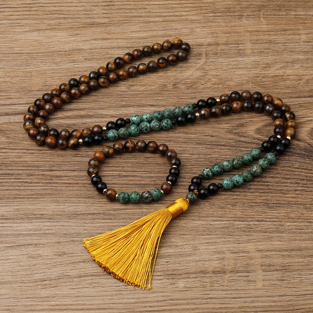 

OAIITE 8mm Yellow Tiger Eyes AfricanTurquoise Stone Mala Necklace 108 Japamala Tassel Necklace Bracelet Spirit Yoga Jewelry Set