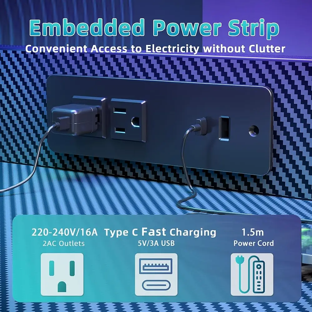 Gaming Desk 47 H With Power Outlet And Led Light, Computer Desk With Reversible Shelves And Storage Drawer, Small Pc Desk For