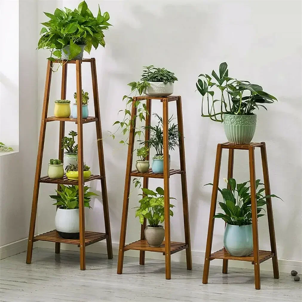 Tall Bamboo Plant Stand  Flower Pot Display Rack Outdoor Plant Shelf Organizer Adjustable Height Plant Shelf