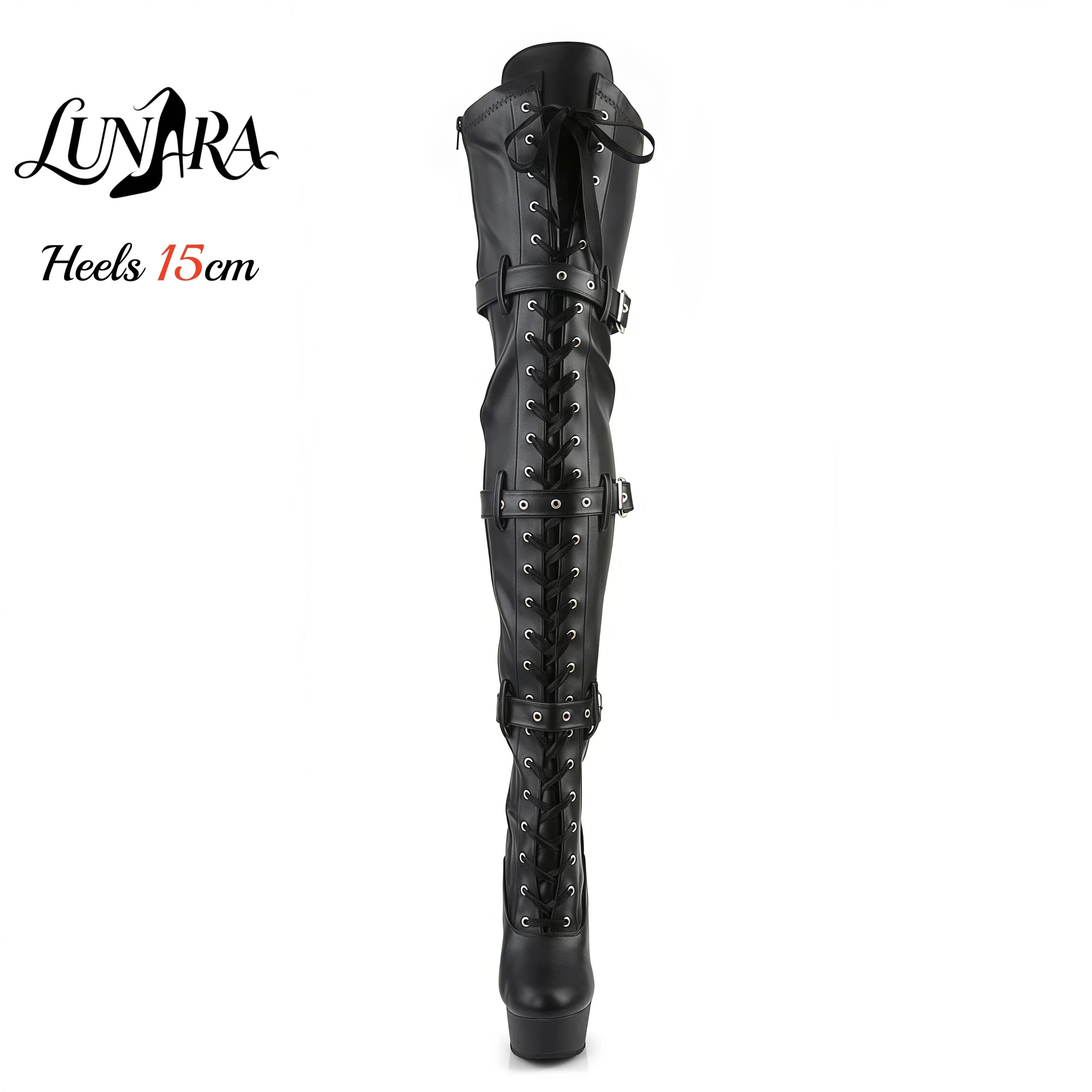 15cm/6Inch Black Patent Platform High Heel Thigh High Boots Lace-Up Buckle Zipper Non-slip Gothic Performance Pole Dance Ladies