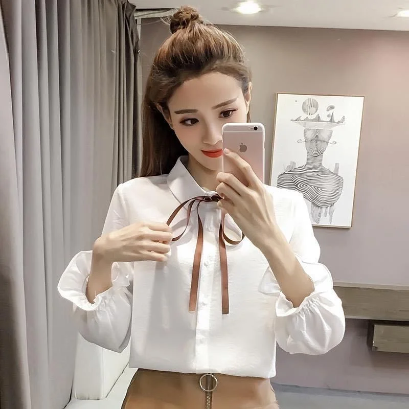 

Removable Knot Long Sve Retro irt Women's Fre Pure Color Base irt Trendy Collar Button Detail Loose Fit