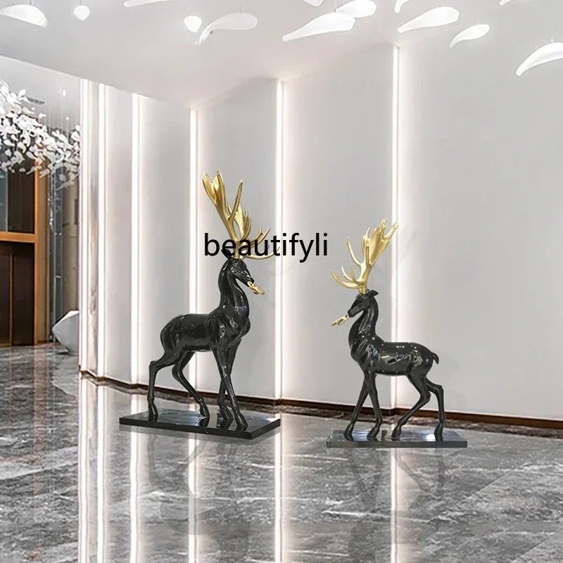 

x11Model room living room entrance decoration sika deer ornament large floor-to-ceiling sculpture hotel lobby staircase artwork