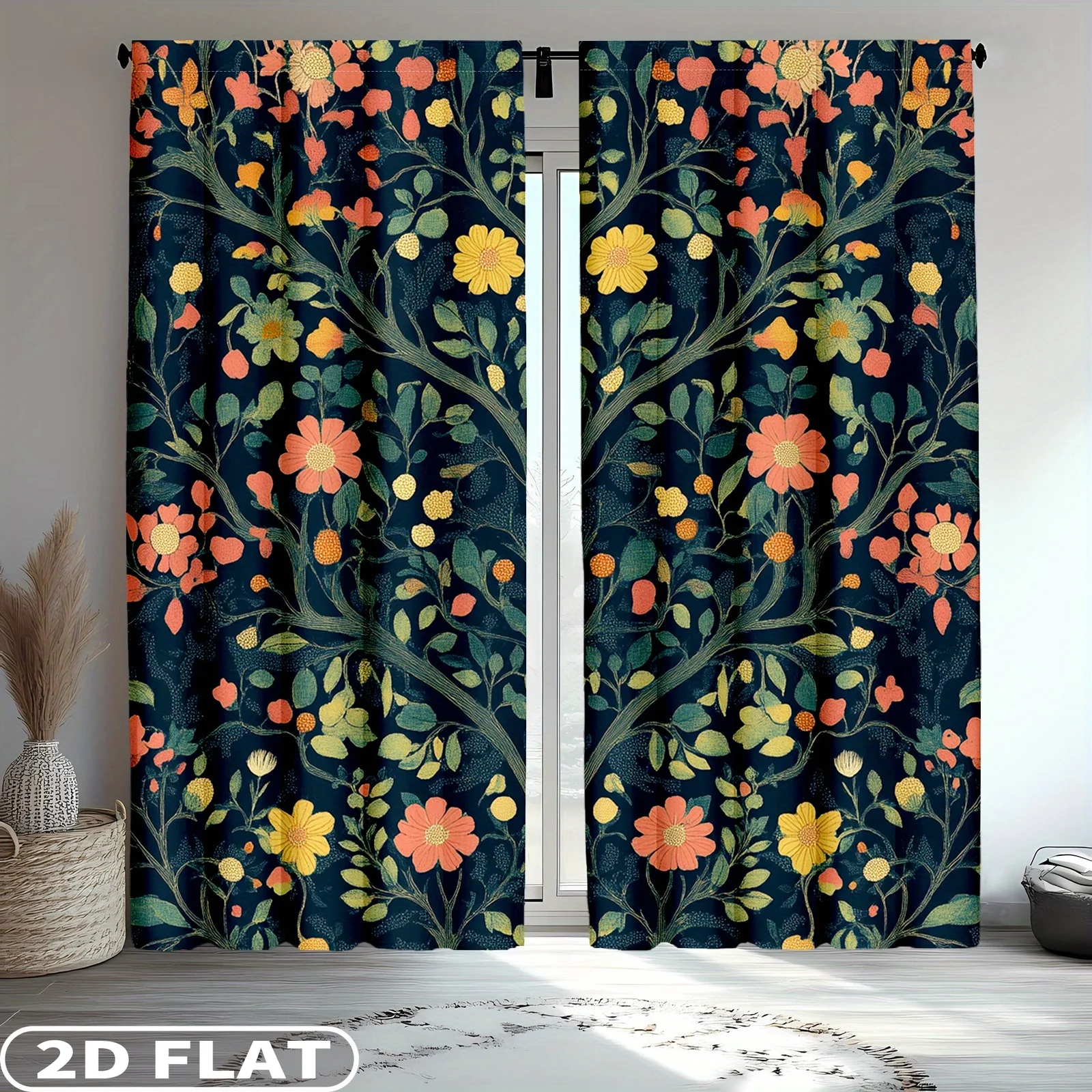 

2D FLAT 2pcs Curtains Floral Pattern With Vibrant Colors Perfect for Balcony, Bedroom, Study, Living Room, Suitable for Spring