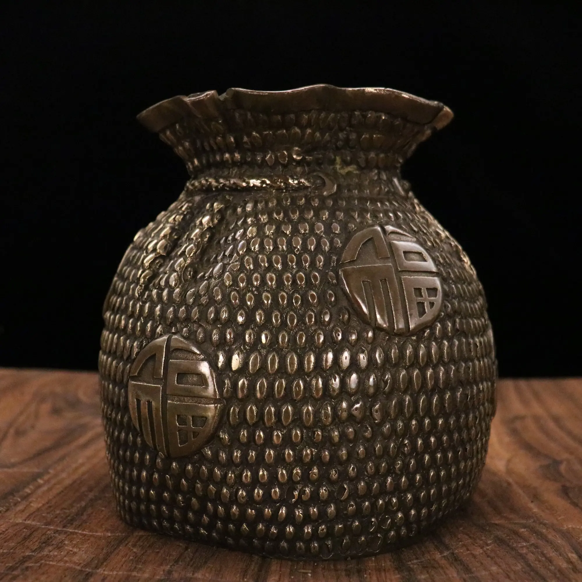8"Old Xizang Folk Collection Old Bronze Brass Patina lucky bag money bag Treasure Bag Gather fortune Town house Exorcism view 5