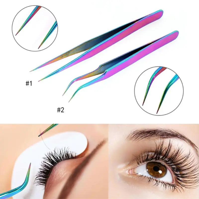 1Pc Edelstahl Gerade Gebogene Wimpern Pinzette Regenbogen Farbige Falsche Fa Dropship