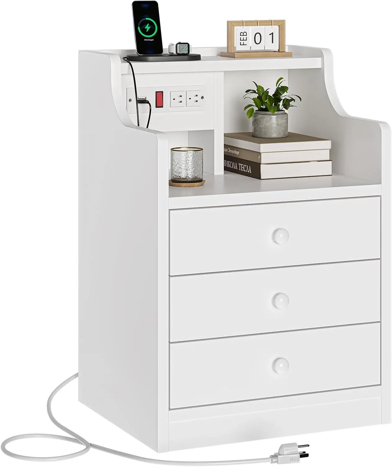 

Nightstand with Charging Station,White Night Stand with Hutch,Bedside Table with Drawers,Bed Side Table with Storage