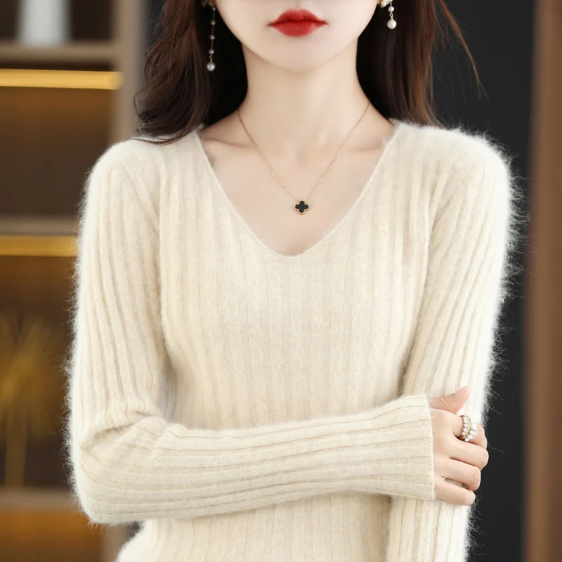 Flat V-Neck Pure Mink Cashmere Sweater Women\'s Long Sleeve Top Autumn and Winter Warm Loose Knit Pullover Solid Color Slim Base