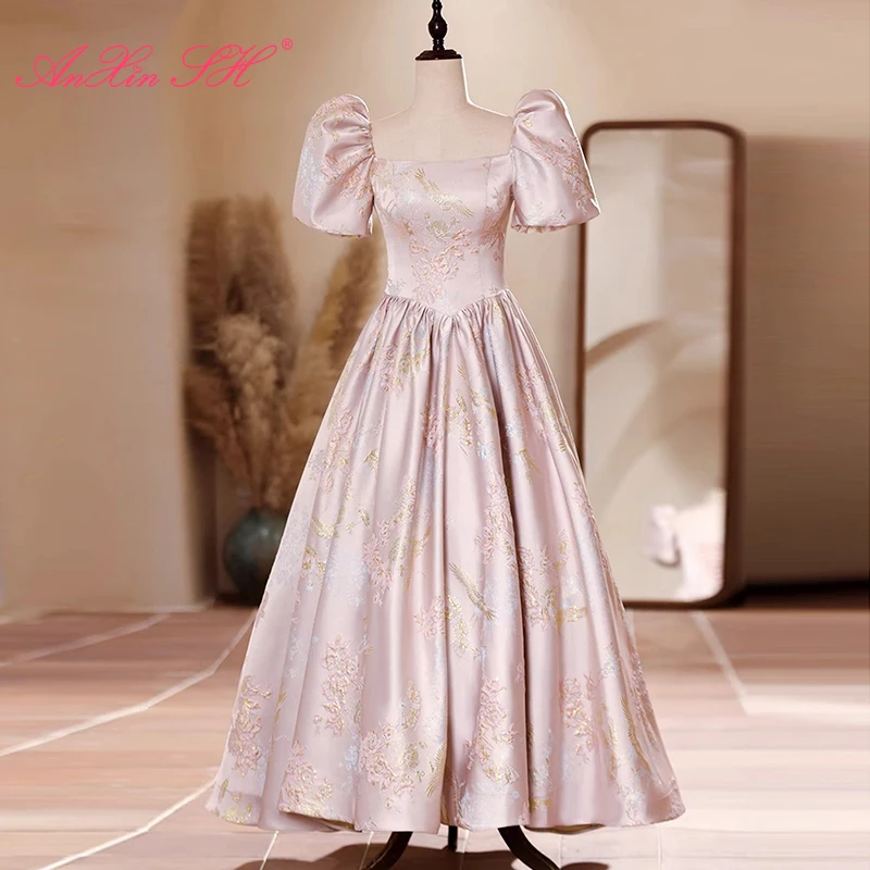 AnXin SH vintage princess pink satin sweetheart embroidery short puff sleeve ball gown stage lace up customized evening dress