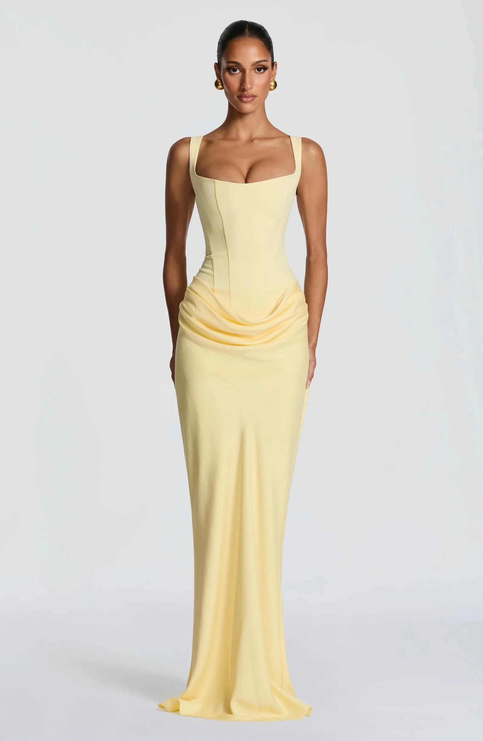

Yellow Square Neck Corset Maxi Dress for Women, Elegant Ruched Bodycon Formal Evening Gown, Long Prom Dress for Wedding Guest