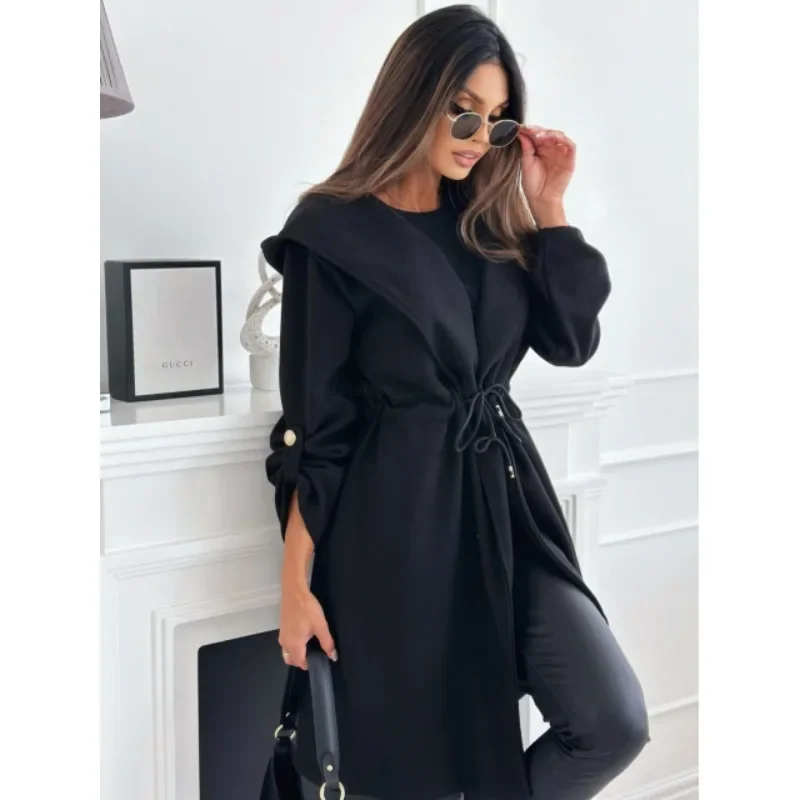 

Women's Fashion Solid Color Hooded Woolen Coats Ladies Casual Long Sleeve Drawstring Waist Long Loose Trench Coat