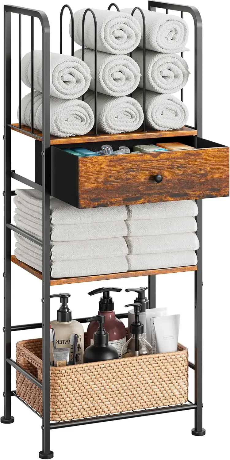 

Towel Rack Free Standing 3-Tier with Drawer and M-Shaped Detachable Dividers,Towel Holder with Adjustable Shelf, Towel Organizer