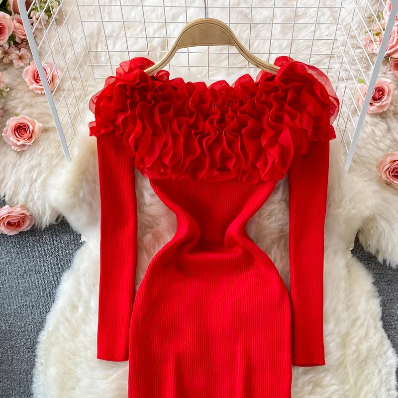 YuooMuoo Chic Fashion 3D Flower Women Dress 2023 New Autumn Winter Elegant Off Shoulders Full Sleeve Knit Bodycon Party Dress