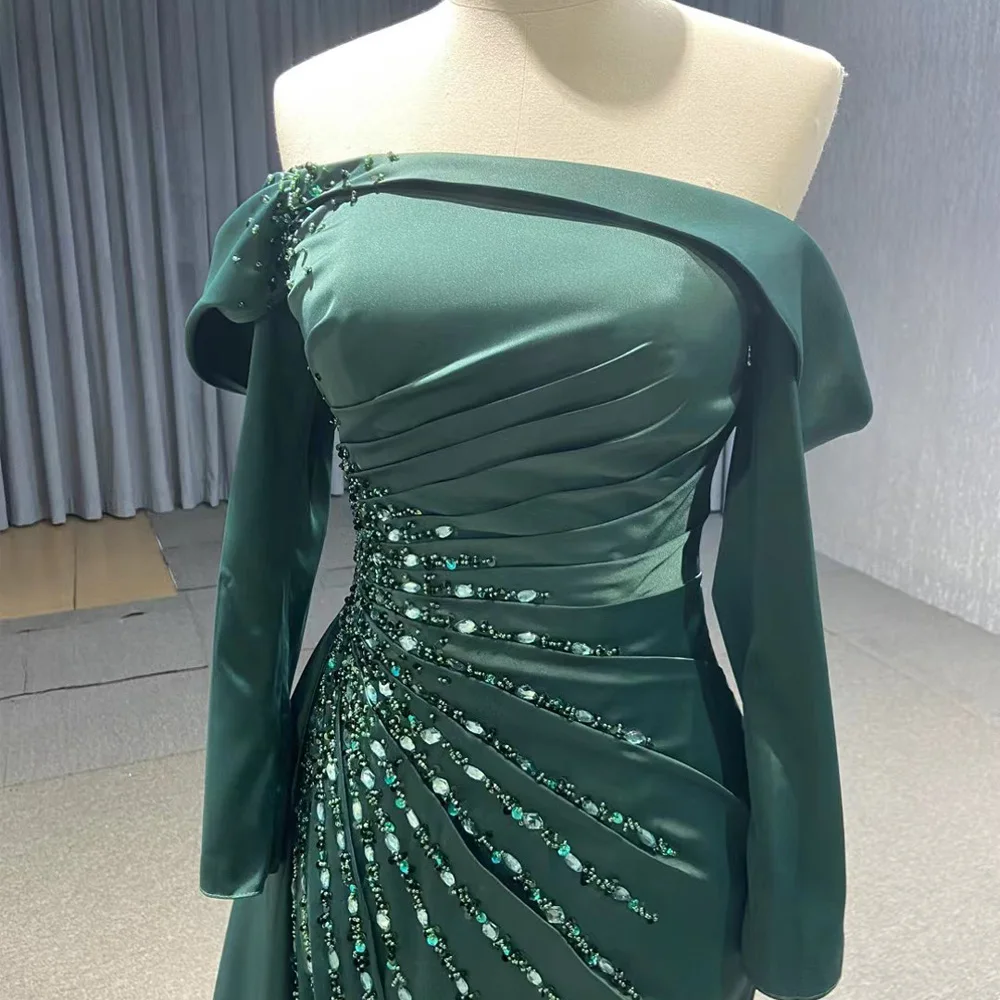 Abito da sera verde senza spalline con maniche lunghe, allacciatura sul retro, cristalli, drappeggiato, personalizzabile 2026