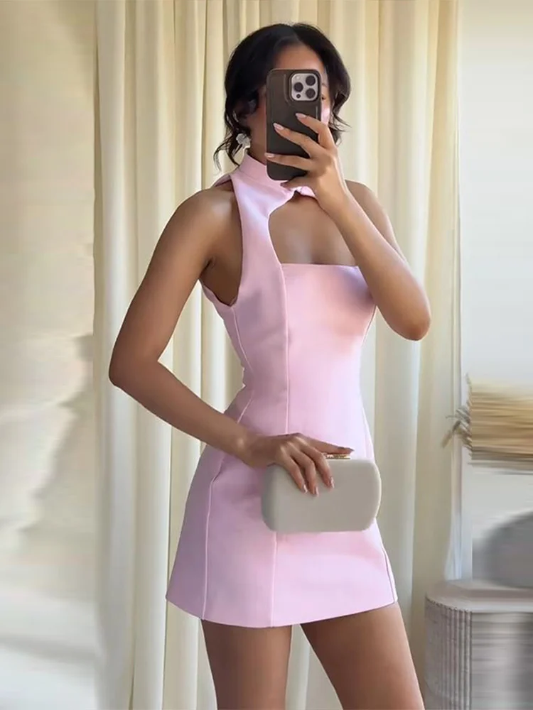 Plissiertes, ausgeschnittenes, tailliertes Minikleid für Damen – sexy, ärmellos, mit Einzelknopf und Reißverschluss, schmal geschnitten, charmantes Partykleid, neu – Detail 4