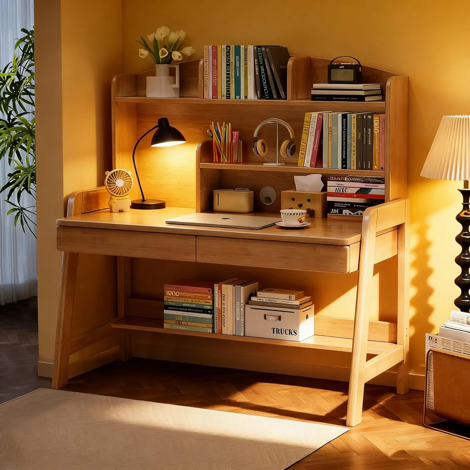 

Height-Adjustable Wood Desk with Drawers & Shelves for Small Spaces, 3-Level Work Table 36.7 Inch, Customized