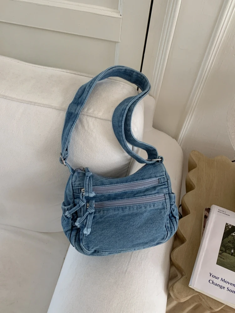 Retro Washed Denim Crossbody Bag Women's Casual Single Shoulder Bag Artistic Style Soft Handle Zipper Closure Square Shape