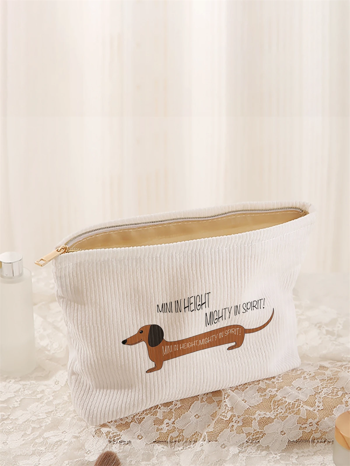 Trousse de maquillage en velours côtelé imprimé motif chien saucisse, boîte de rangement de maquillage légère à fermeture éclair, sac multifonctionnel avec doublure