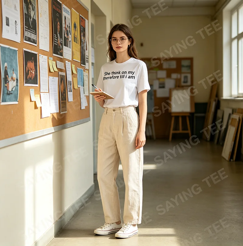 Sie denkt: „Ich denke, ich bin lustig, also bin ich es“ – Sarkastisches Meme-T-Shirt, Y2K Streetwear, personalisiertes Witz-Spruch-T-Shirt, Herrenbekleidung, Geschenk – Detail 5