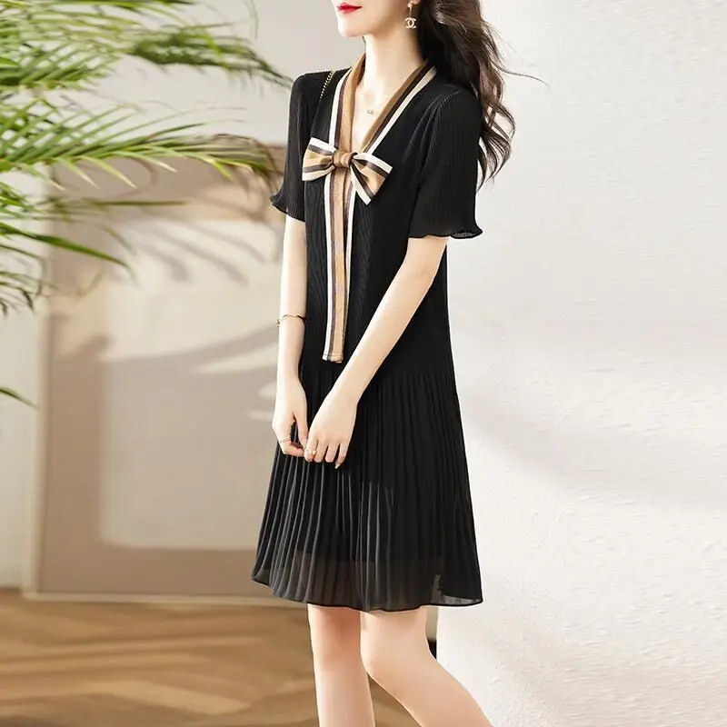 Fashion V-Neck Bow Midi Dress Patchwork Summer Korean Elegant Waist Short Sleeve Female Clothing A-Line Basic Pleated Dresses