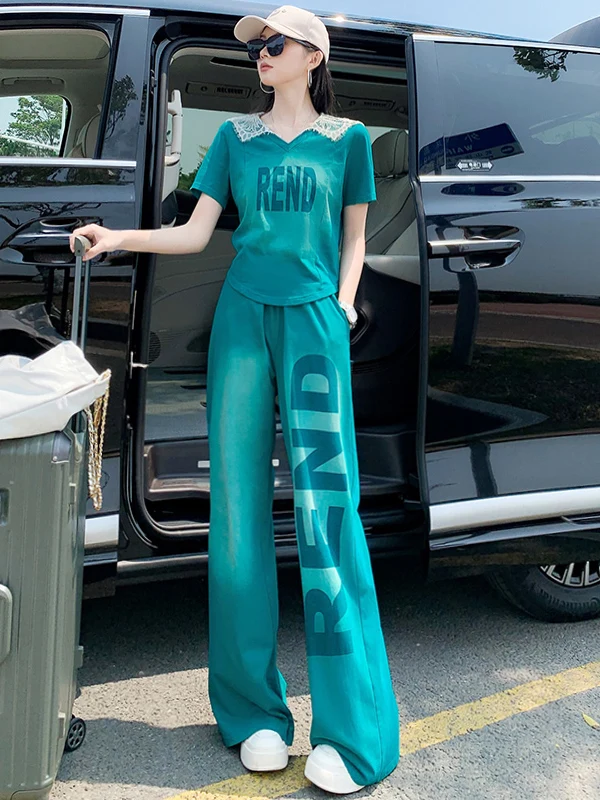 

High Street Casual Sportswear Set Women's Summer 2026 Trendy Lace Short Sleeve Top Wide Leg Pants Two Piece Set Cotton Material