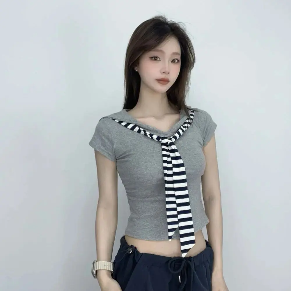 

Women O-Neck Short Sleeve T-shirt Cute Stripe Shawl Casual Elegant Pullover Top Preppy Style Sweet Slim Top