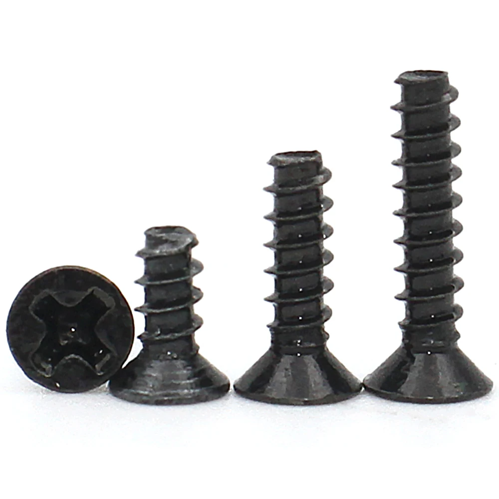 50- 500pcs M1 M1.2 M2 M2.3 M2.6 M3 M4 Black Carbon Steel Mini Screw Cross Recessed Countersunk Head Self-tapping Flat Tail Screw