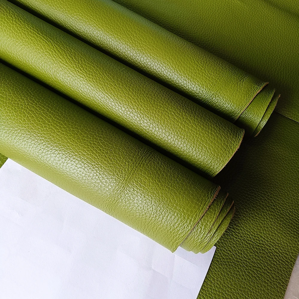 Grass Green Cowhide Leather Fabric, First Layer Whole Cut,Lychee Pattern, Sofa Upholstery, DIY Manual Cut,Genuine Material,1.2mm