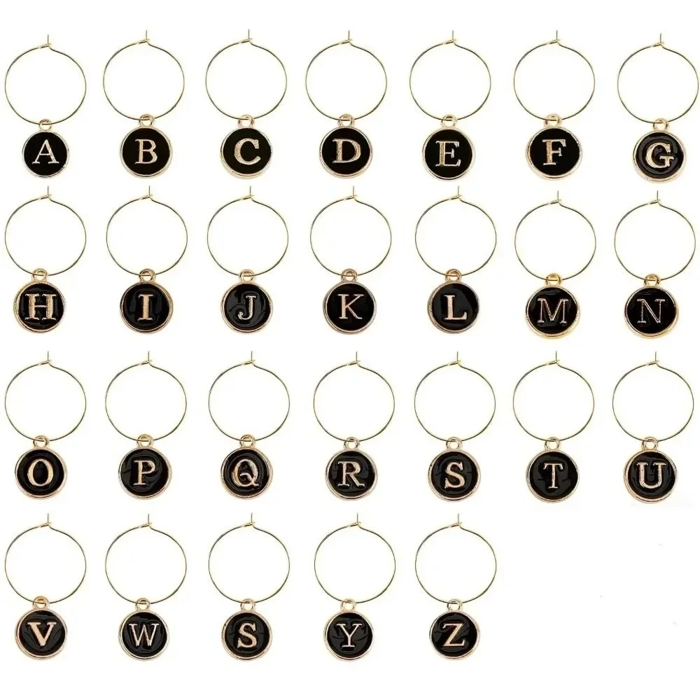 26Pcs DIY Wine Glass Markers Letters Pendant Wine Labeling Wine Glass Charm Rings Metal Wine Glass Hoops Wedding Party Decor