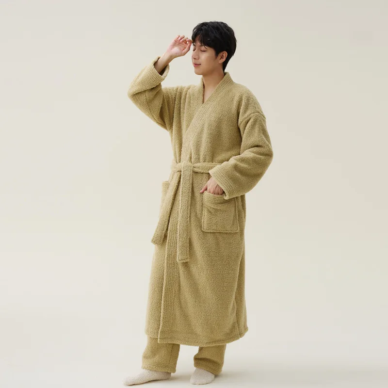 New Home Wear Morning Robes Coral Velvet Autumn Winter Thickened Robe For Men Loose Long Bathrobe Warm Fleece Sleepwear Gown