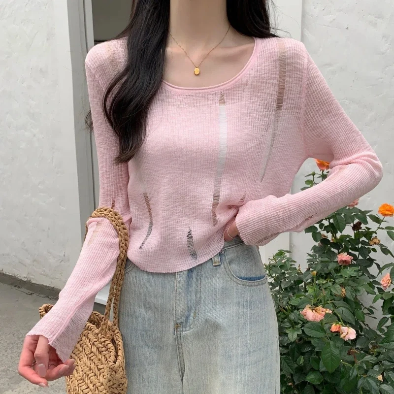 

Женский трикотажный пуловер с длинным рукавом и круглым вырезом