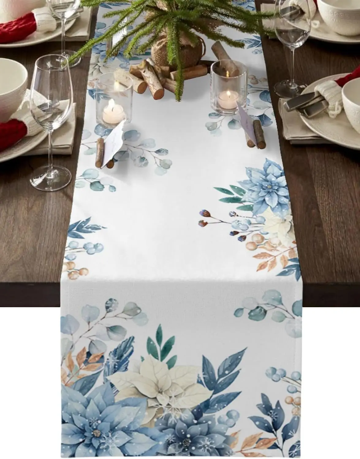 Christmas Watercolor Poinsettia Floral Linen Table Runners Winter Holiday Party Decor Botanical Leaves Dresser Scarf Table Decor