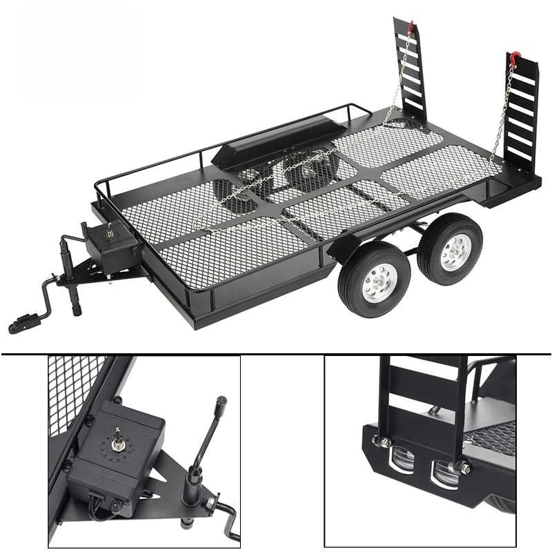 Trx4 Km2 D90 Scx10 Easy Control 1/10 Dual-axle Metal Trailer, Universal Flatbed Large Trailer For Climbing Cars