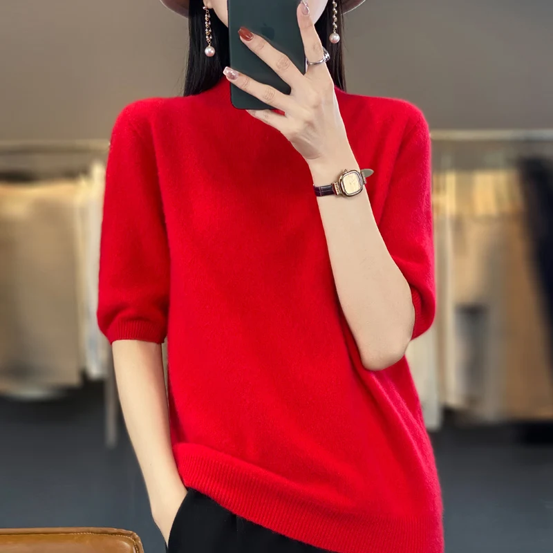 Spring and summer new first-line ready-to-wear 100% sweater ladies half-high collar five-point sleeves solid color short sleeves