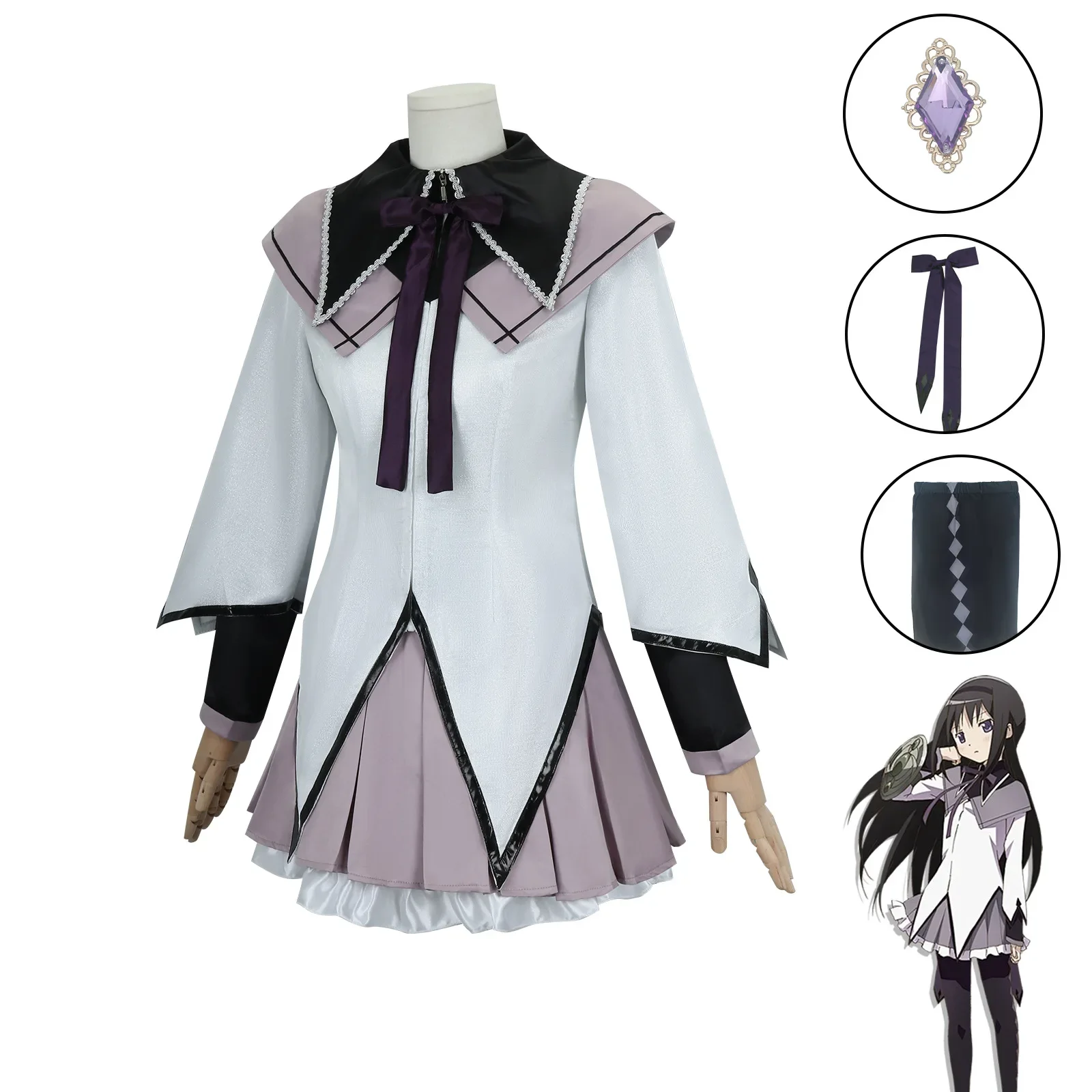 Disfraz de Puella Magi Madoka Magica Homura Akemi para niña, uniforme de lucha, peluca, calcetines, vestido de cómic de Halloween