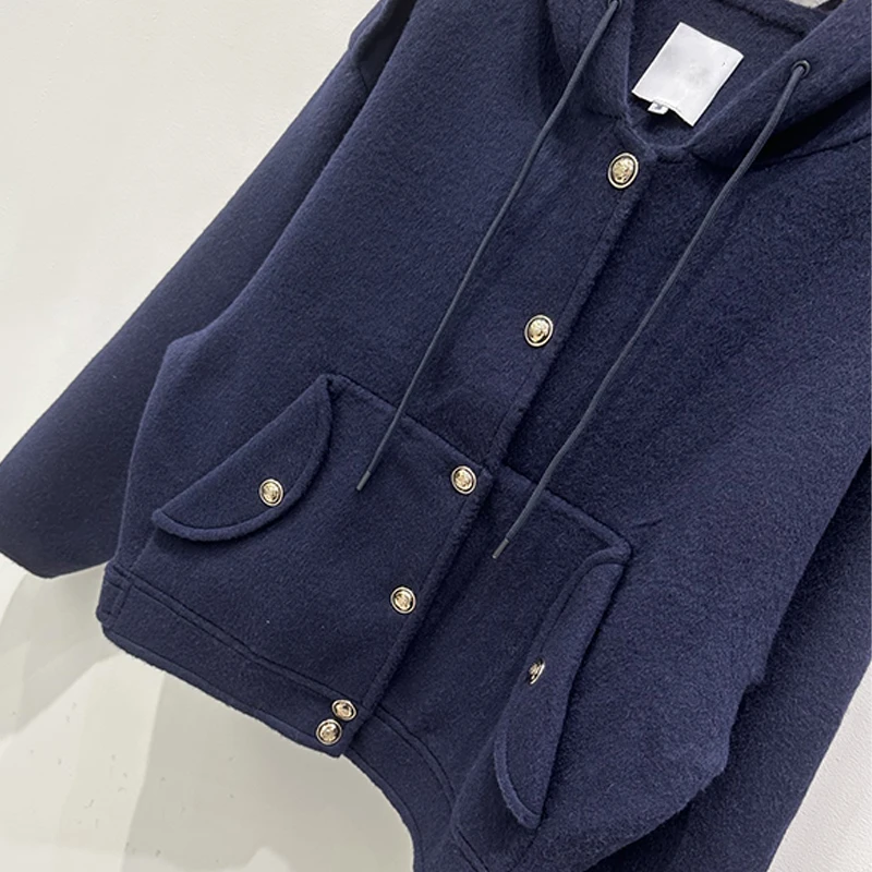 Wool Top 2024AW New Coat Tide Blue Hooded Sweatshirt Jacket Woman's Coats Brand* Korean Fashion Women's Clothing Y2k