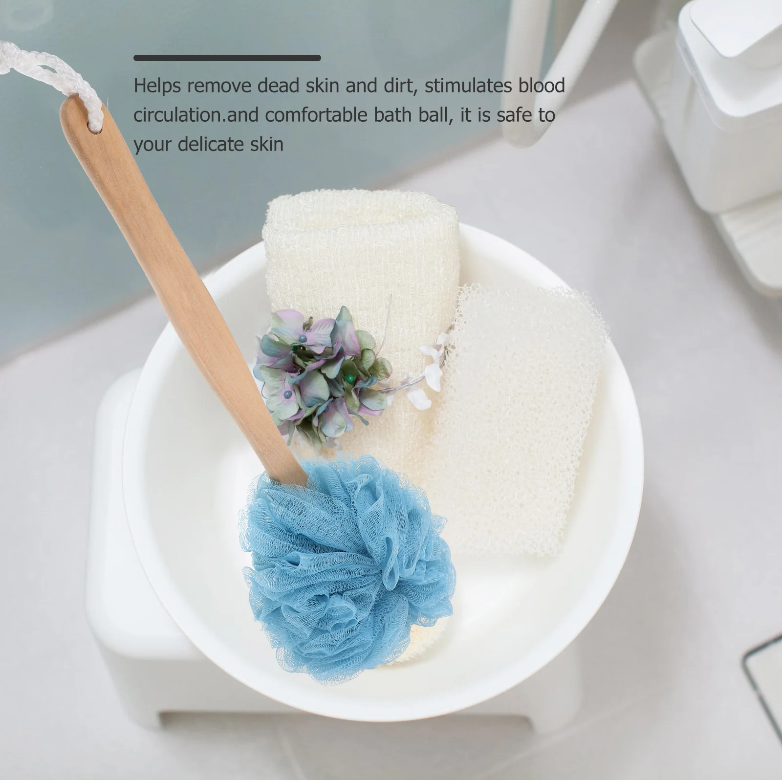 

Eco-Friendly Nylon Ball Long Handle Soft Sponge For Skin Care Shower Bath Accessories Solid Color Blue Bath Sponge