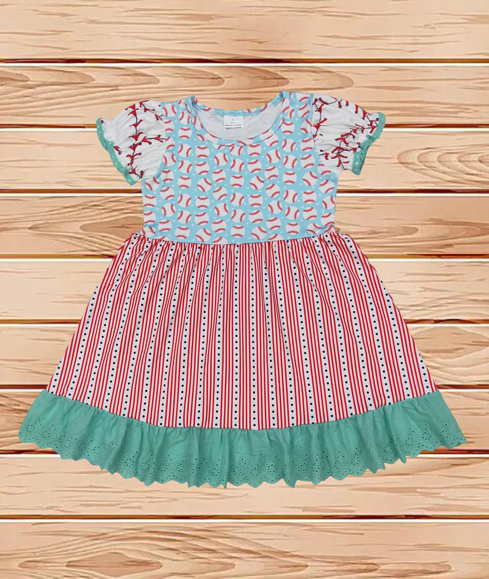 

3.27 Wholesale Hot Sale western boutique kids children Baby Girls Baseball Short Sleeve Ruffle Knee Length Dresses