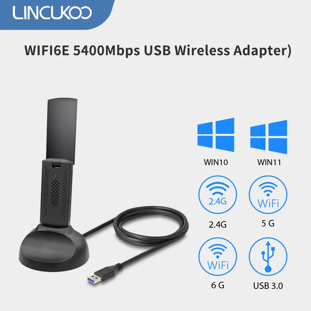 

lincukoo WIFI6E 5400Mbps USB Wireless Adapter 2.4/5/6GHz 5G 2402Mbps 6G 2402Mbps 2.4G 574Mbps Wireless Network Card For Win10/11