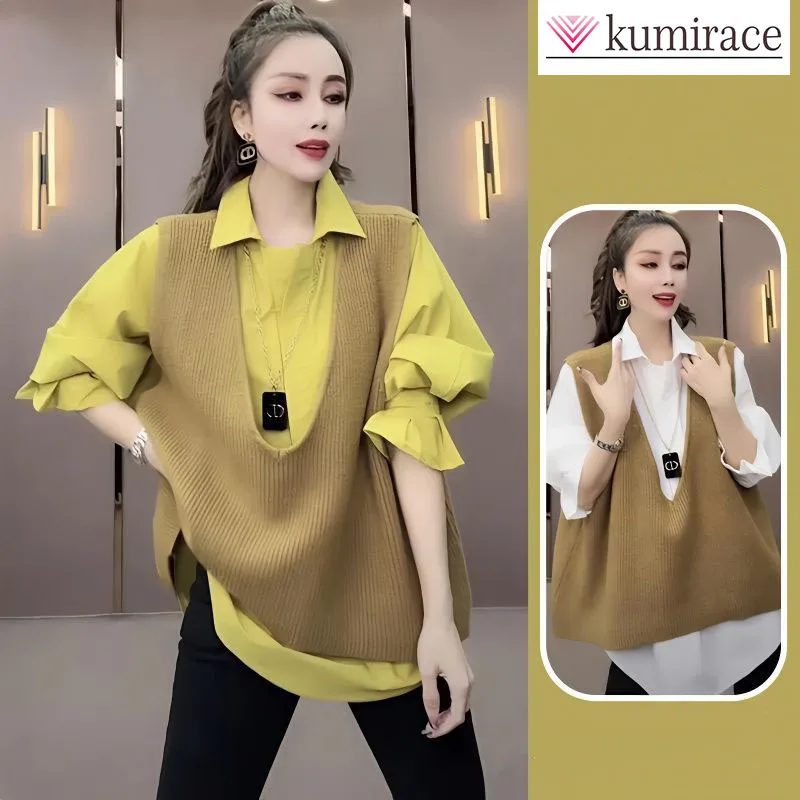 

Spring and Autumn New Fashionable Versatile Loose Shirt Set for Aging Reduction and Wearing Knitted Vest Two Piece Set for Women